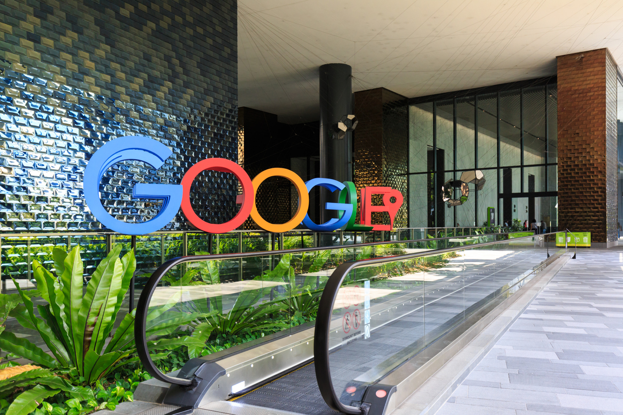 Singapore-28 DEC 2018:A photograph of the Google logo in the lobby of Google's new campus and office in Singapore, which is regional HQ.